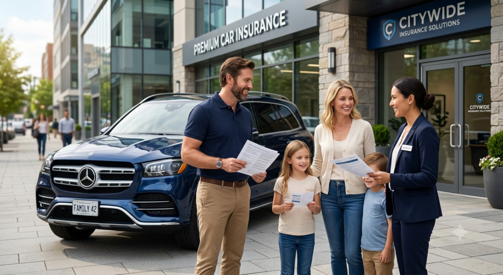 American family discussing car insurance coverage with a professional insurance advisor beside a modern SUV