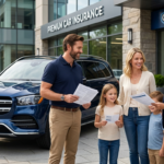 American family discussing car insurance coverage with a professional insurance advisor beside a modern SUV