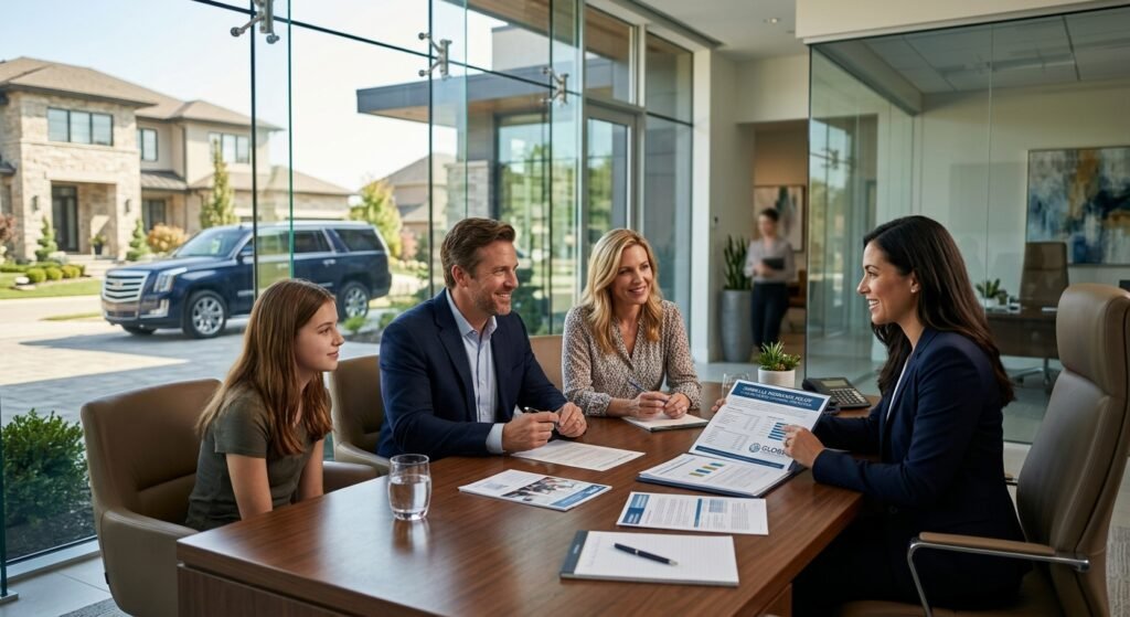 American family reviewing umbrella insurance coverage with a professional insurance advisor in a modern financial office