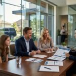 American family reviewing umbrella insurance coverage with a professional insurance advisor in a modern financial office