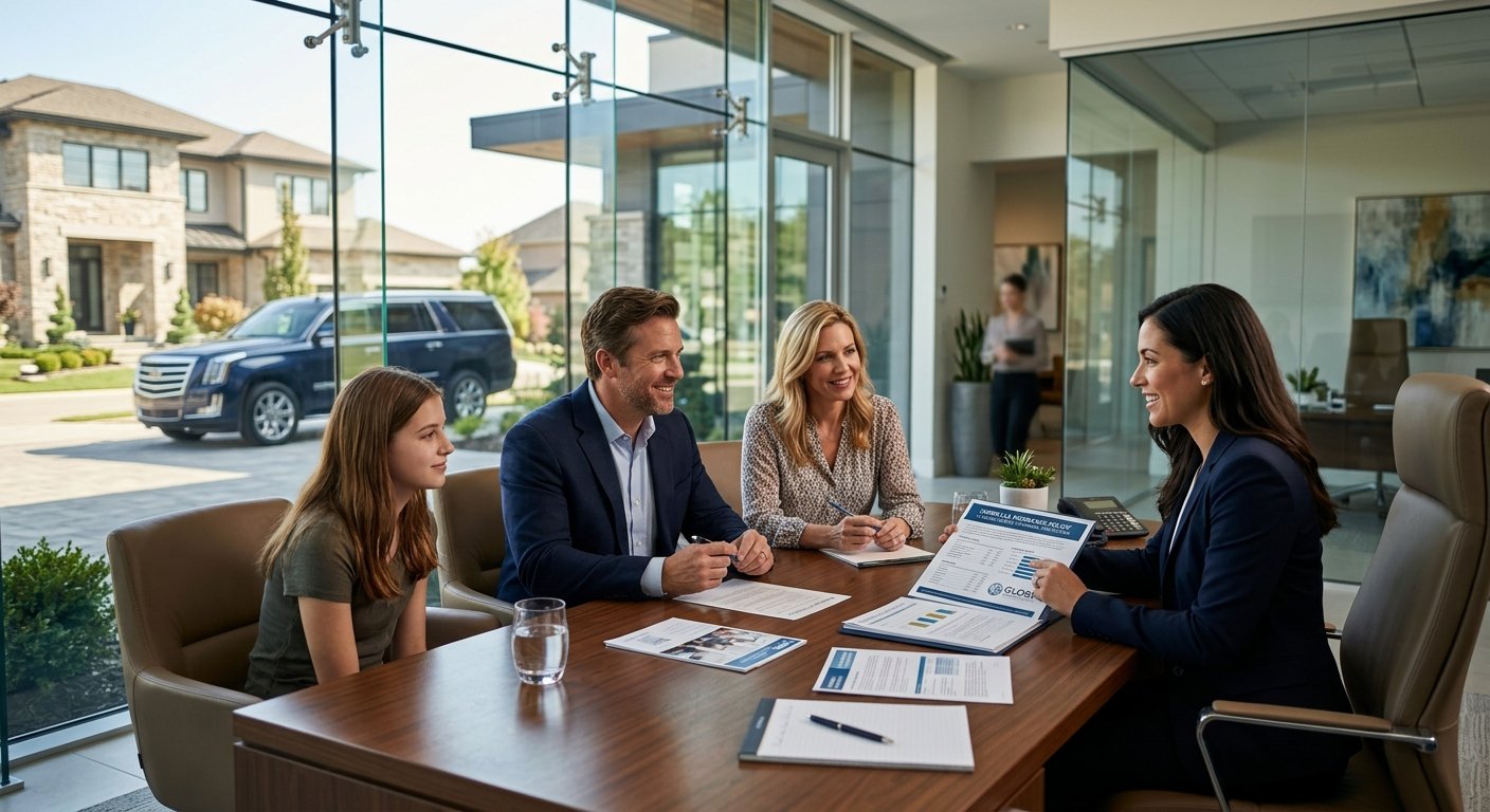 American family reviewing umbrella insurance coverage with a professional insurance advisor in a modern financial office