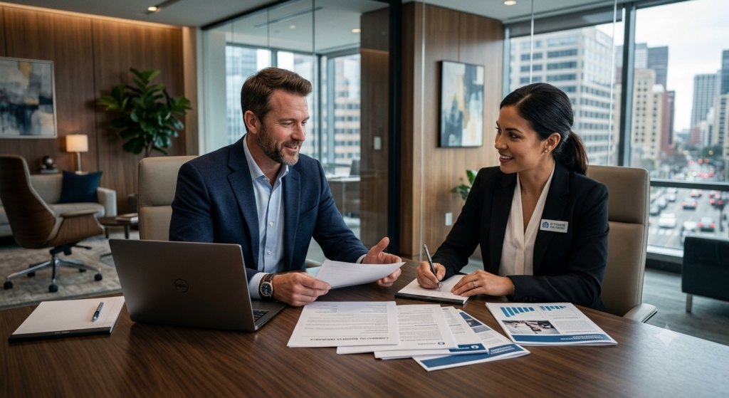 Small business owner discussing commercial business insurance with a professional insurance advisor in a modern office