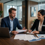 Small business owner discussing commercial business insurance with a professional insurance advisor in a modern office