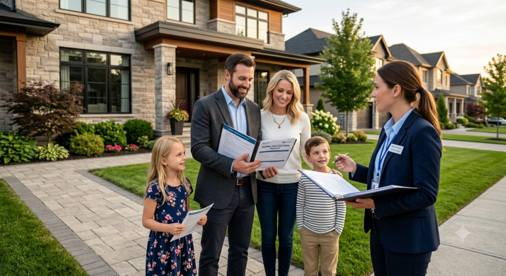 American family reviewing home insurance coverage with a professional insurance advisor outside a modern house