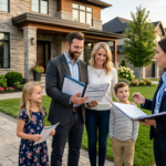 American family reviewing home insurance coverage with a professional insurance advisor outside a modern house