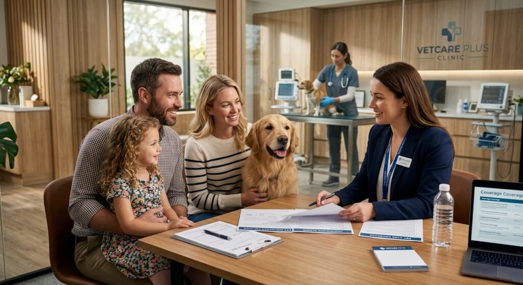 American family discussing pet insurance with a professional advisor while their Golden Retriever receives veterinary care