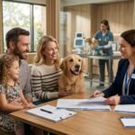 American family discussing pet insurance with a professional advisor while their Golden Retriever receives veterinary care