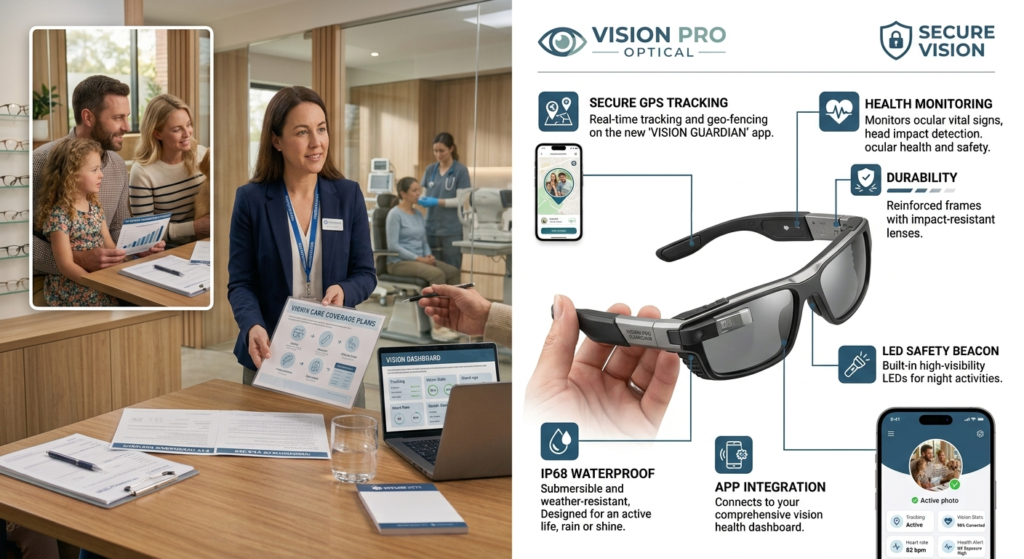American family discussing vision insurance with a professional advisor inside a modern optical clinic