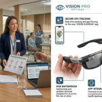 American family discussing vision insurance with a professional advisor inside a modern optical clinic