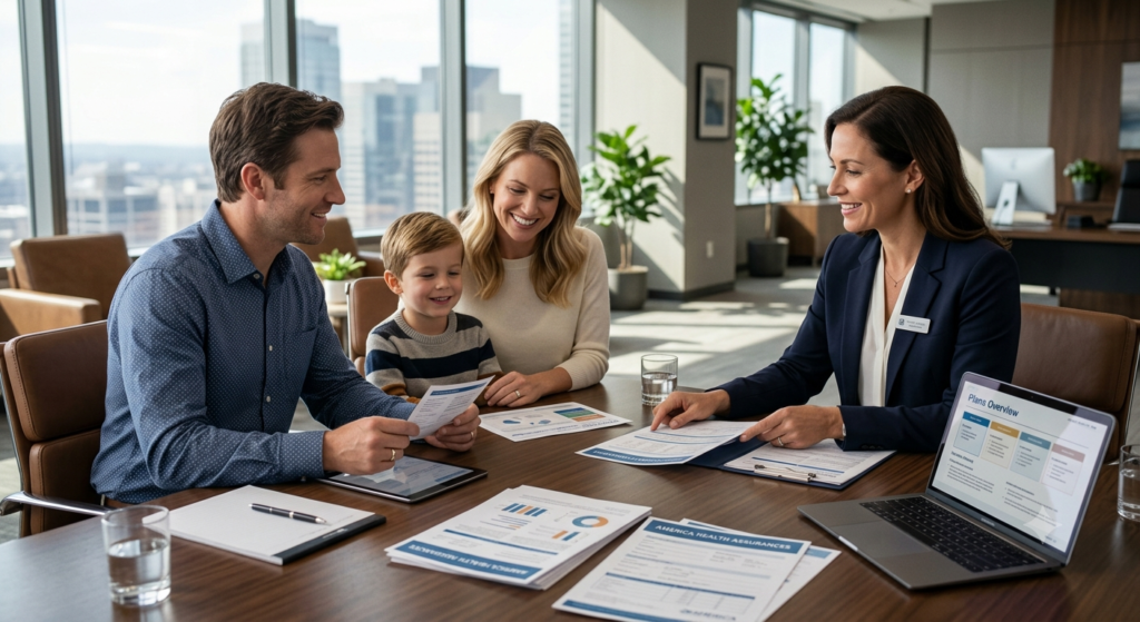American family discussing health insurance coverage with a professional insurance advisor