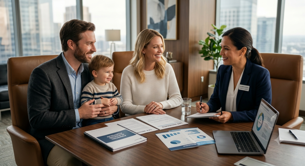 American family discussing life insurance planning with a professional financial advisor