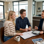 Young American couple discussing renters insurance with a professional insurance advisor inside a modern apartment leasing office