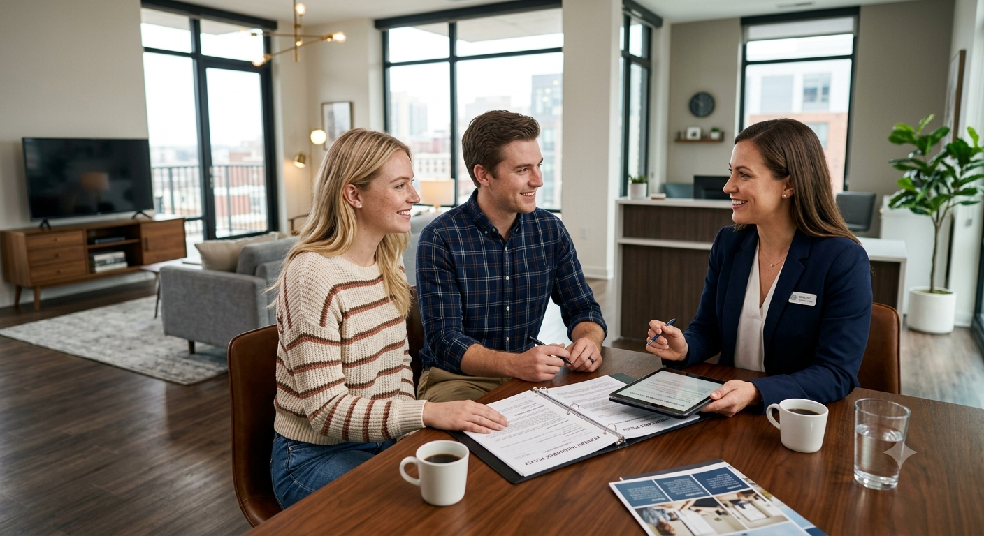Young American couple discussing renters insurance with a professional insurance advisor inside a modern apartment leasing office