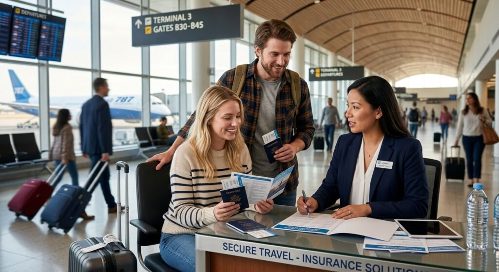 Young American couple discussing travel insurance with a professional advisor at an international airport