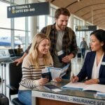 Young American couple discussing travel insurance with a professional advisor at an international airport