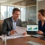 Professional discussing disability insurance coverage with an American financial advisor in a modern office
